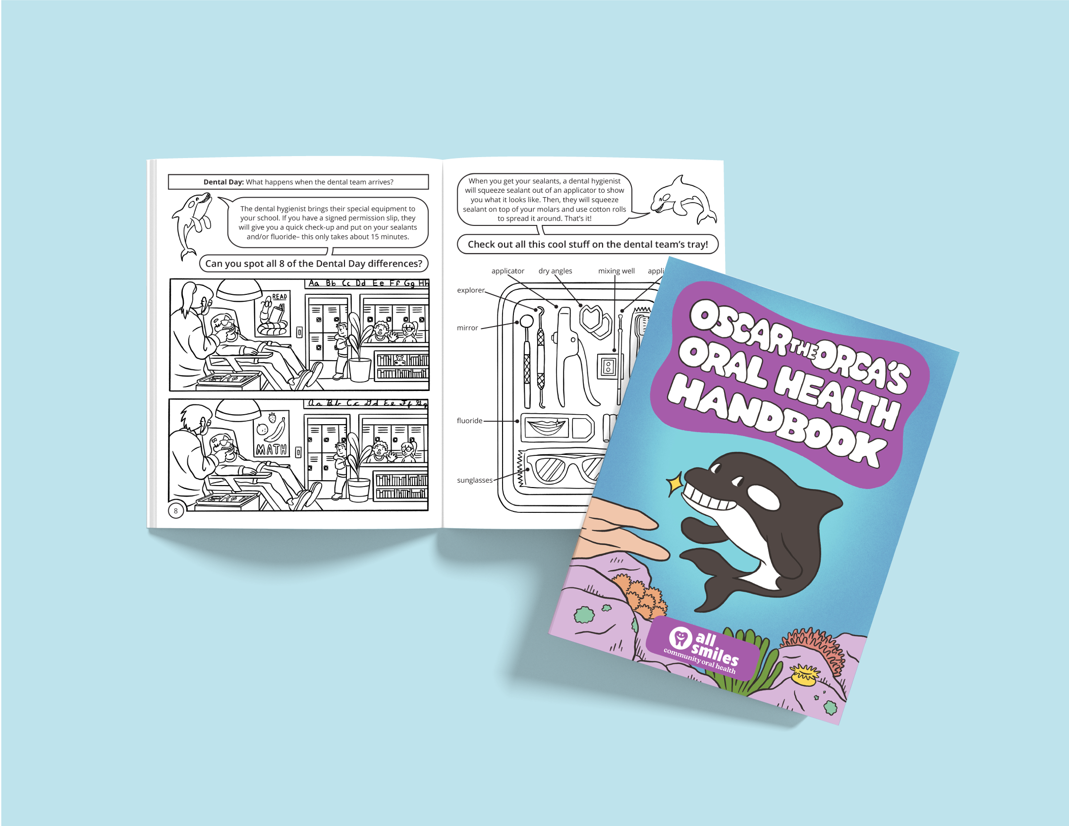 image of the cover and an inner spread from an oral health activity book