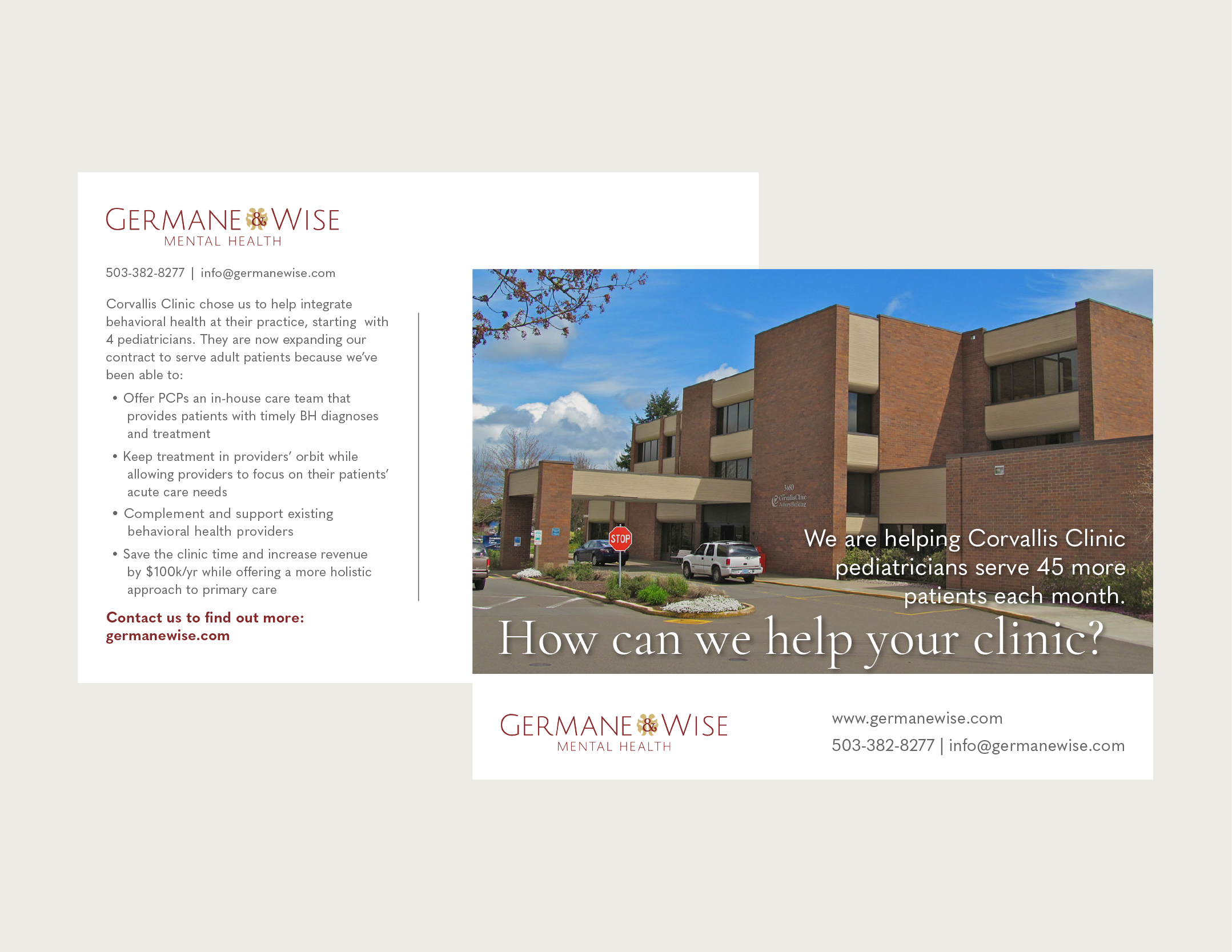 direct mail postcards feature case studies of regional healthcare facilities that have benefited from working with Germane & Wise